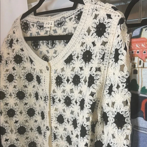 POL Crochet Cropped Cardigan in Cream and Black - Picture 5 of 12